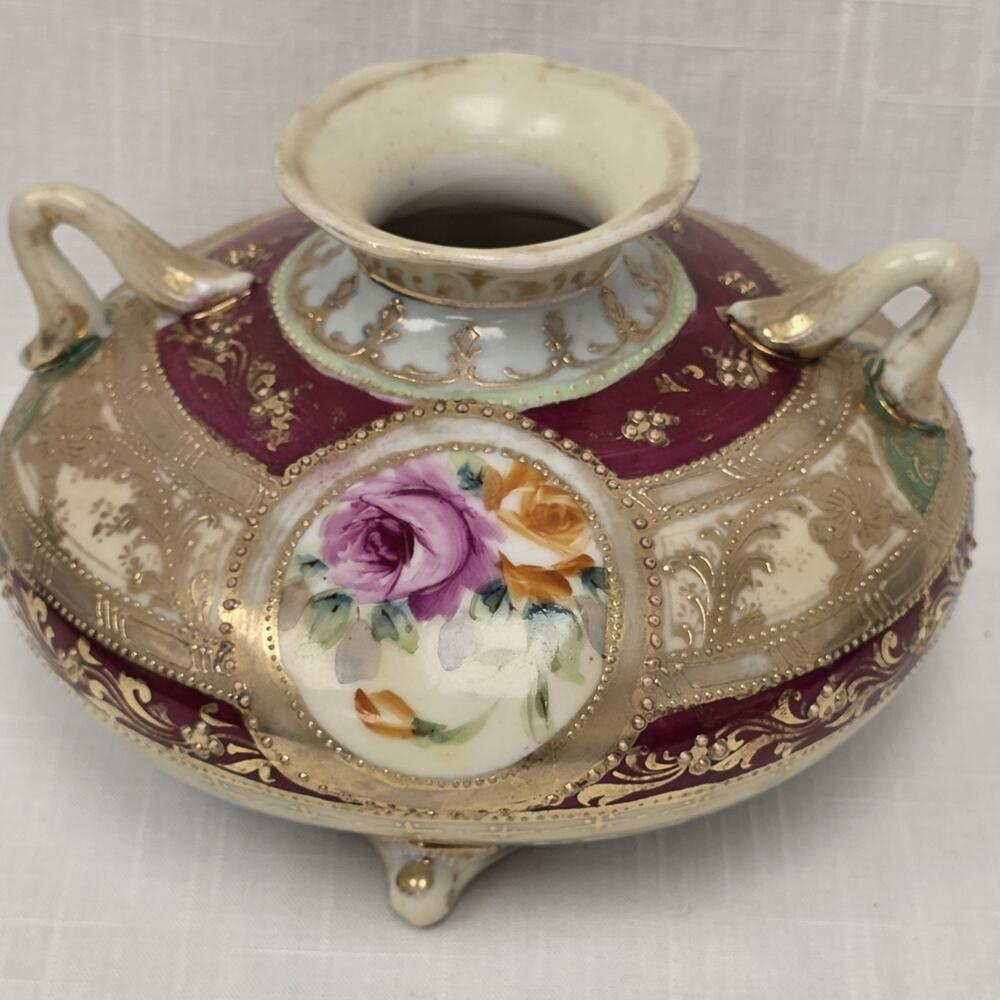 Antique Nippon Style Hand Painted Rose Bowl Vase Moriage Gold Floral 2 Hndl Foot